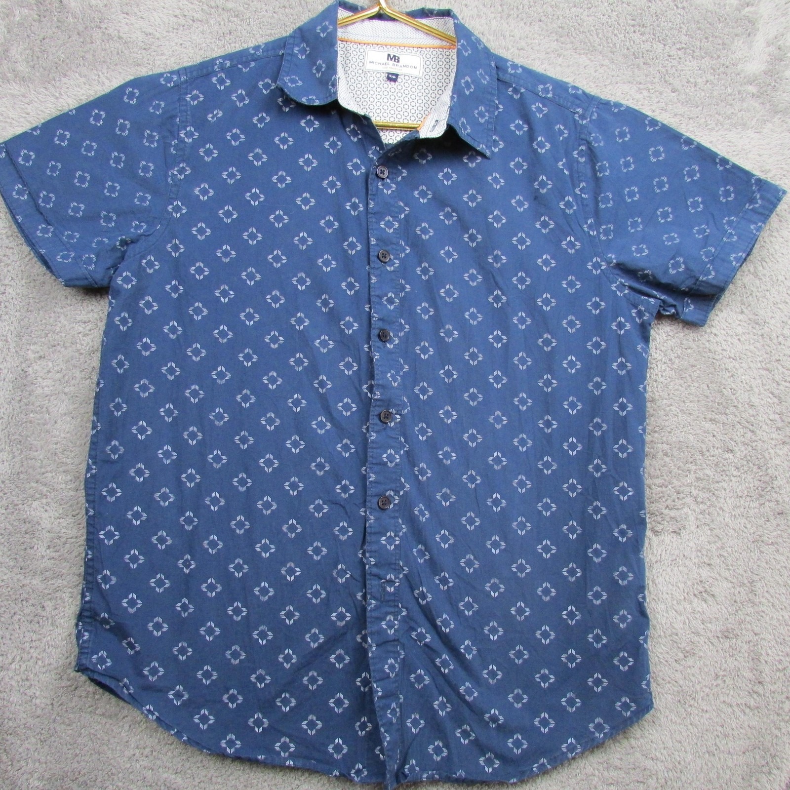 Michael Brandon Shirt Mens Small Blue Geometric Short Sleeve Button Front Casual